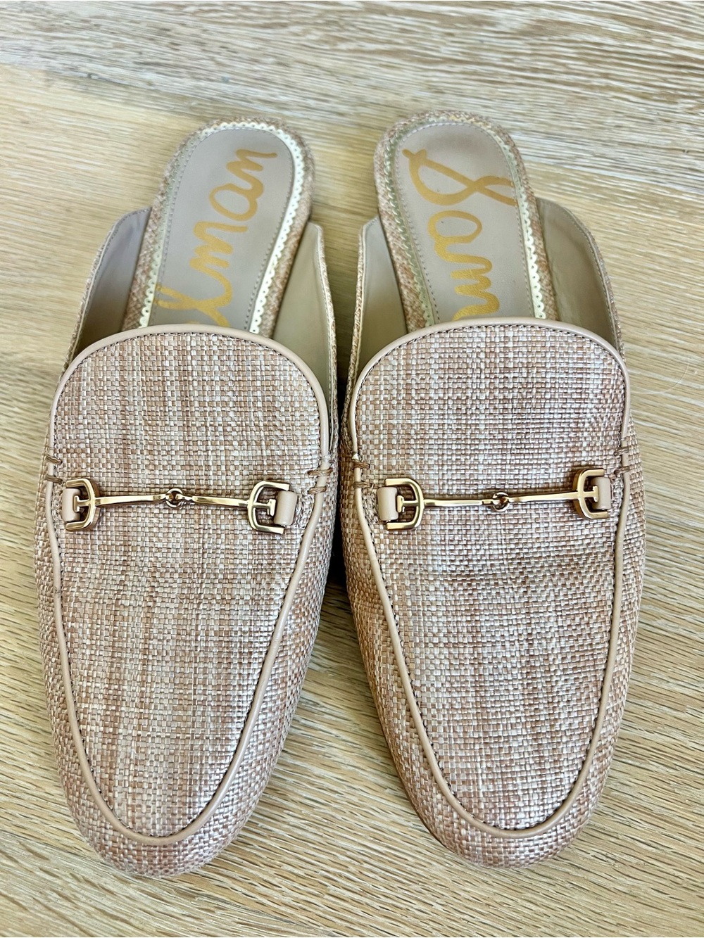 Sam Edelman Tan Raffia Mule Loafers with Gold Hardware